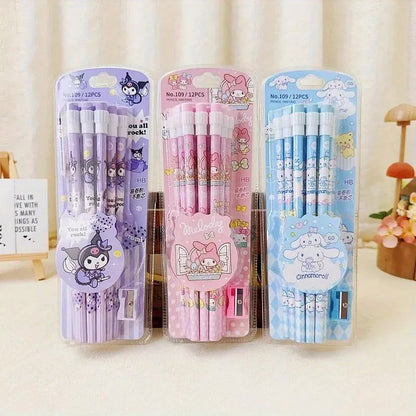 12pcs Sanrio Cinnamoroll & Kuromi Cute Cartoon HB Pencils - Writing & Drawing Stationery Box Set with 12 Pencils & 1 Pencil Roller