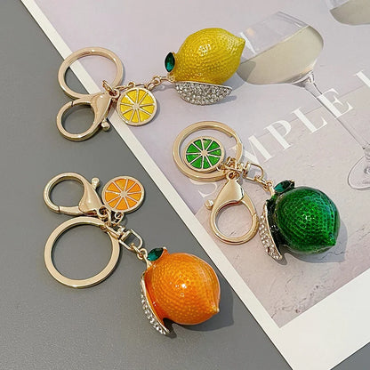 EASYA Vintage Imitation Fruit Charm Keychain – Lemon, Persimmon & Strawberry Glass Pendant, Luxury Jewelry for Women