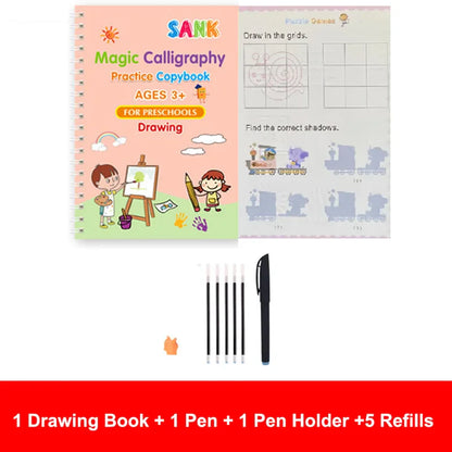 4-Piece Magic Practice Copybook Set with Pen — Reusable English Calligraphy Writing Book for Kids & Preschoolers