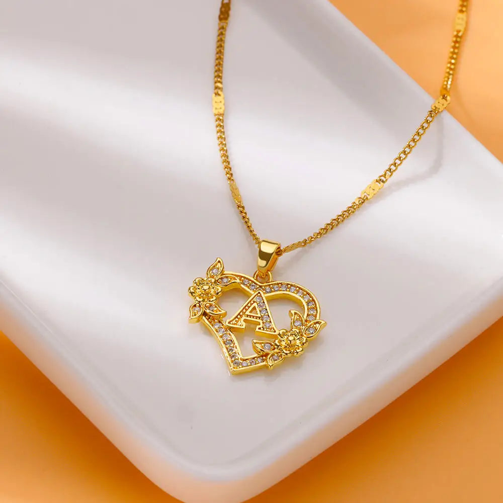 Gold Zircon Heart Initial Necklace – Stainless Steel Letter Pendant Jewelry for Women