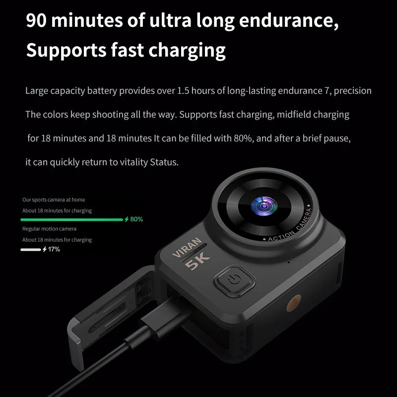 VIRAN V10 5K Waterproof Action Camera with 2" Touch LCD, Electronic Image Stabilization, Dashcam & Motion Detection