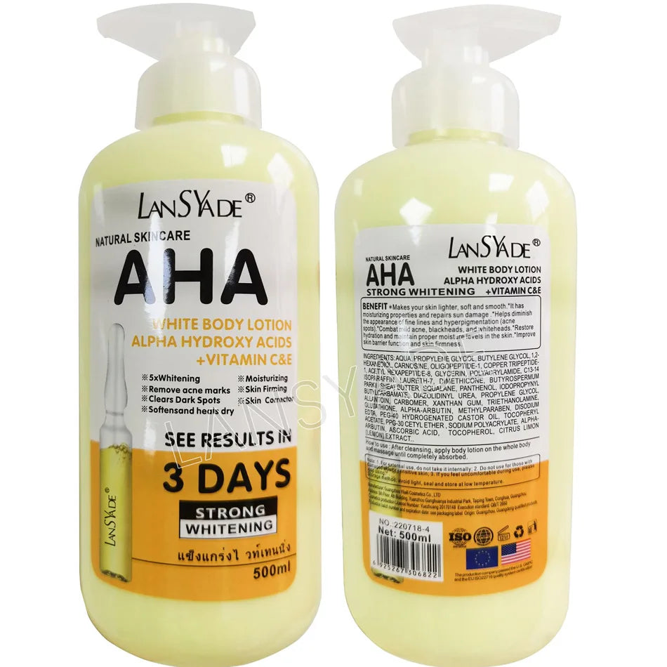 500ml Whitening Body Lotion with Alpha Hydroxy Acids, Vitamin C & E – Fast Moisturizing & Lightening Cream for Skin Brightening