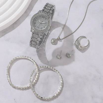 6PCS Women's Elegant Crystal Watch Set – Luxury Alloy Quartz Wristwatches with Rhinestone Bracelet, Perfect Gift for Ladies