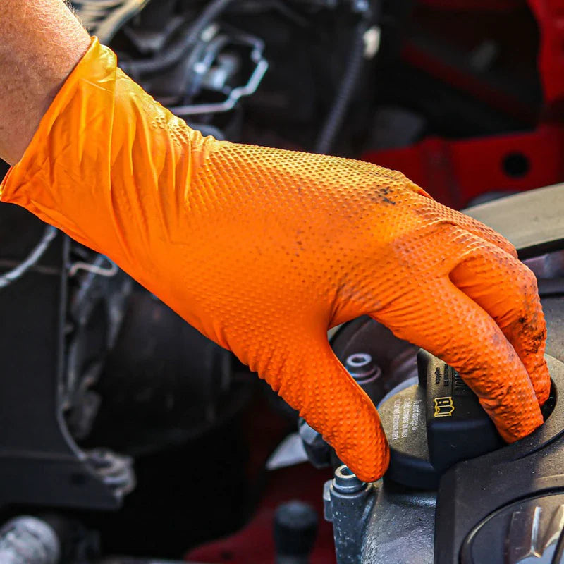 Heavy Duty Orange Nitrile Gloves 8Mil – Industrial Disposable Work Gloves with Diamond Grip for Mechanic Safety
