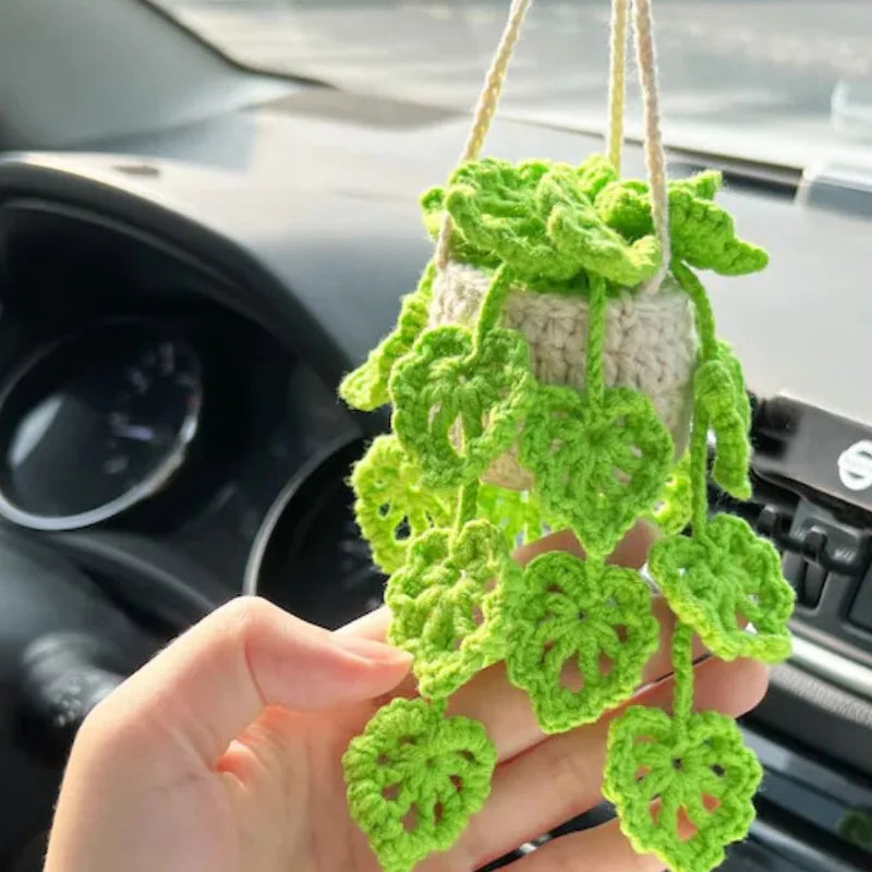 Cute Crochet Potted Plants Car Basket – Hanging Car Decor & Rear View Mirror Ornament Accessories
