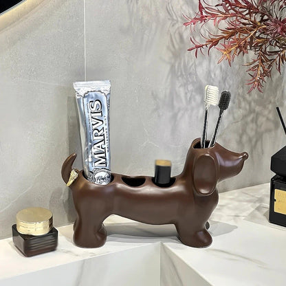 Dachshund Ceramic Toothbrush Holder – Electric Toothbrush Storage Rack and Bathroom Sink Organizer with Toothpaste Holder