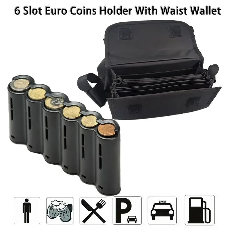 6-Slot Euro Coin Dispenser Wallet – Zipper Pocket Driver & Waiter’s Purse, Coin Sorter & Cash Collector