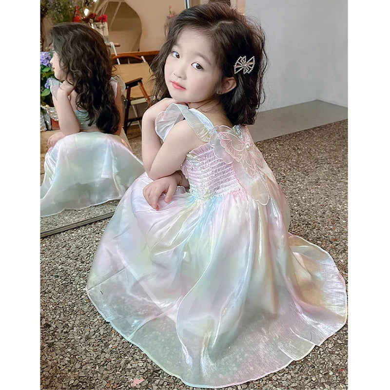 Girls Butterfly Princess Dress - Pearl Lace Mesh Gradient Rainbow Party Gown for Ages 1-8