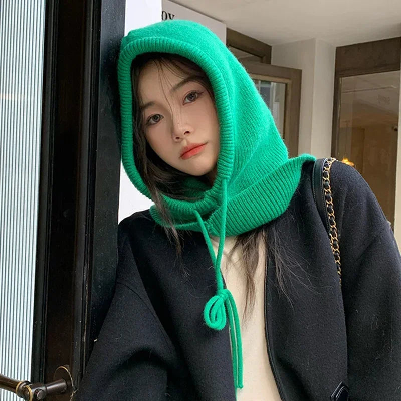 Knitted Hooded Balaclava Hats for Women – Korean Style Winter Outdoor Warmer, Drawstring Neck Collar Beanie Cap