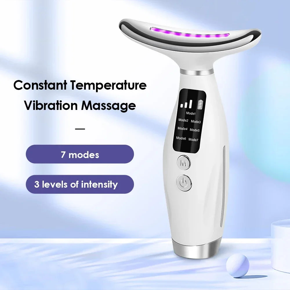 Portable 7-Color LED Light Therapy Massager – Face & Neck Anti-Wrinkle Skin Tightening with 3 Adjustable Vibration Gears