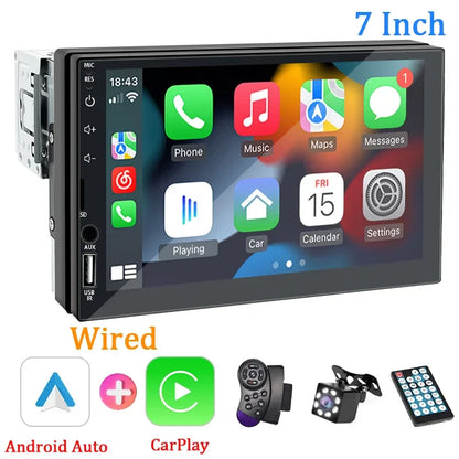 1-DIN Car Radio with 7’’ HD Touch Screen — Android Auto & CarPlay Multimedia Player, FM, AUX, Bluetooth, MirrorLink Universal Autoradio