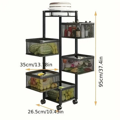 5 Tier Rotating Kitchen Storage Shelf - Metal Fruit & Vegetable Rack, Multi-Layer Trolley on Wheels