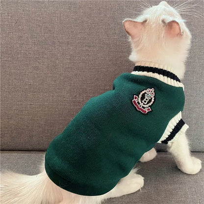 Knitted Dog Sweater for Small to Medium Breeds - Winter Warm Padded V-Neck School Uniform Coat for Chihuahuas and French Bulldogs