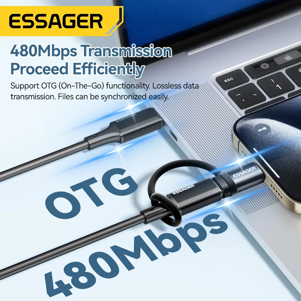 Essager Lightning to Type-C Adapter – 3A Fast Charging iOS Female to Type-C Male Connector for iPhone 15/14/13 Pro, iPad Converter