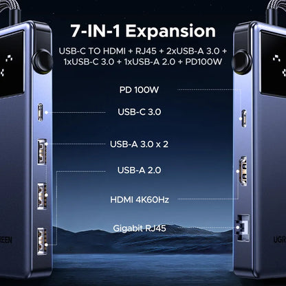 UGREEN 7-in-1 USB-C Hub – 4K HDMI, USB 3.0, RJ45 Gigabit Ethernet Docking Station for MacBook & Laptops