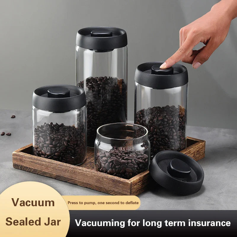 Vacuum Sealed Glass Coffee Bean Jar — Airtight, Moisture-Proof Household Container with Air Extraction for Fresh Coffee