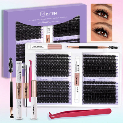DIY Eyelash Extension Kit – Cluster Mix Eyelashes Set with Lash Bond & Seal, Tweezers & Brush for Full Lash Look