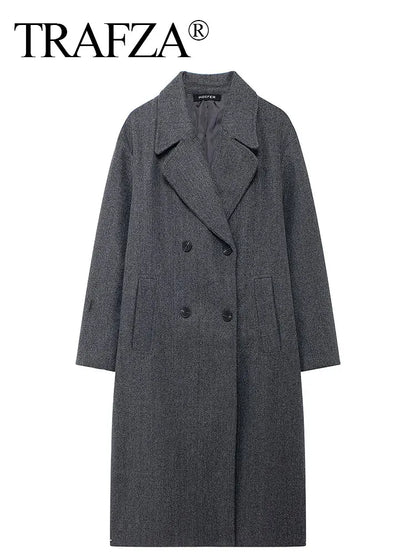 TRAFZA 2024 Women’s Autumn Loose Coat – Lapel Double-Breasted Long Sleeve Trench Jacket, Winter Warm Vintage Outerwear