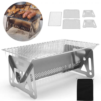 Portable Folding Barbecue Grill - Multifunction Camping BBQ Grill Rack - Stainless Steel BBQ Grill with Firewood Stove