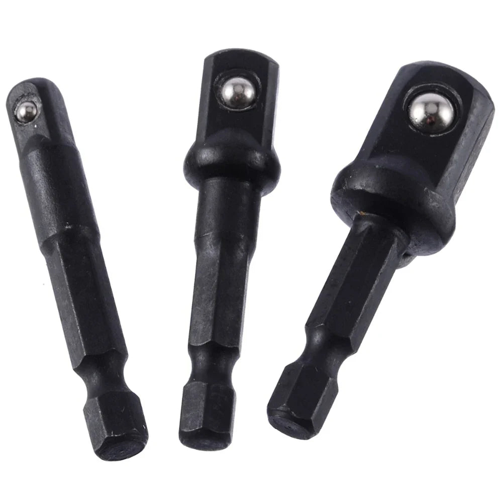 3pcs Impact Socket Adapter Set – 1/4", 3/8", 1/2" Hex Shank Nut Driver Extensions for Screwdrivers