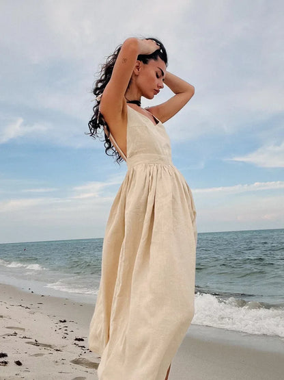 Bornladies Women’s Summer Beach A-Line Sling Dress – Vintage Loose V-Neck 100% Cotton Casual Sexy Hot Girl Style