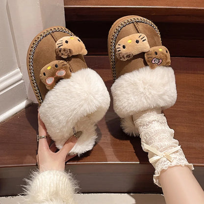 Sanrio Hello Kitty Winter Plush Slippers – Cute Fuzzy Warm Kawaii Women’s Home Shoes, Y2K Style, Non-Slip Outdoor Flats