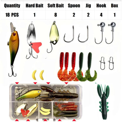 Fishing Lure Set 18–142pcs Mixed VIB Baits Kit – Soft Lures, Minnow, Popper & Hooks Fishing Accessories for Freshwater Fishing Tackle Kit