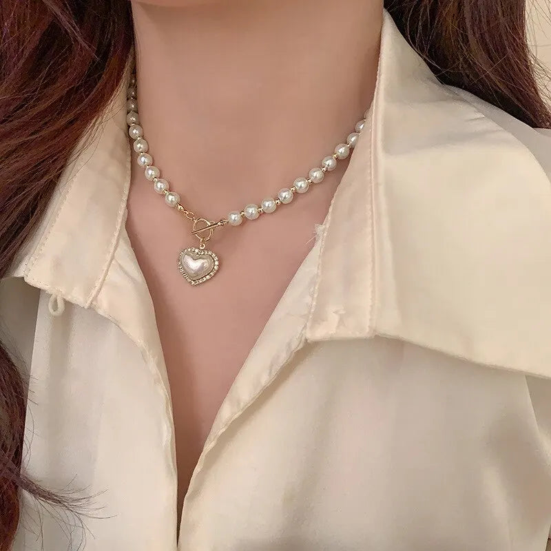 Elegant Pearl Necklace for Women – Heart Pendant Luxury Imitation Pearls Chain, Korean Jewelry Gift for Girls