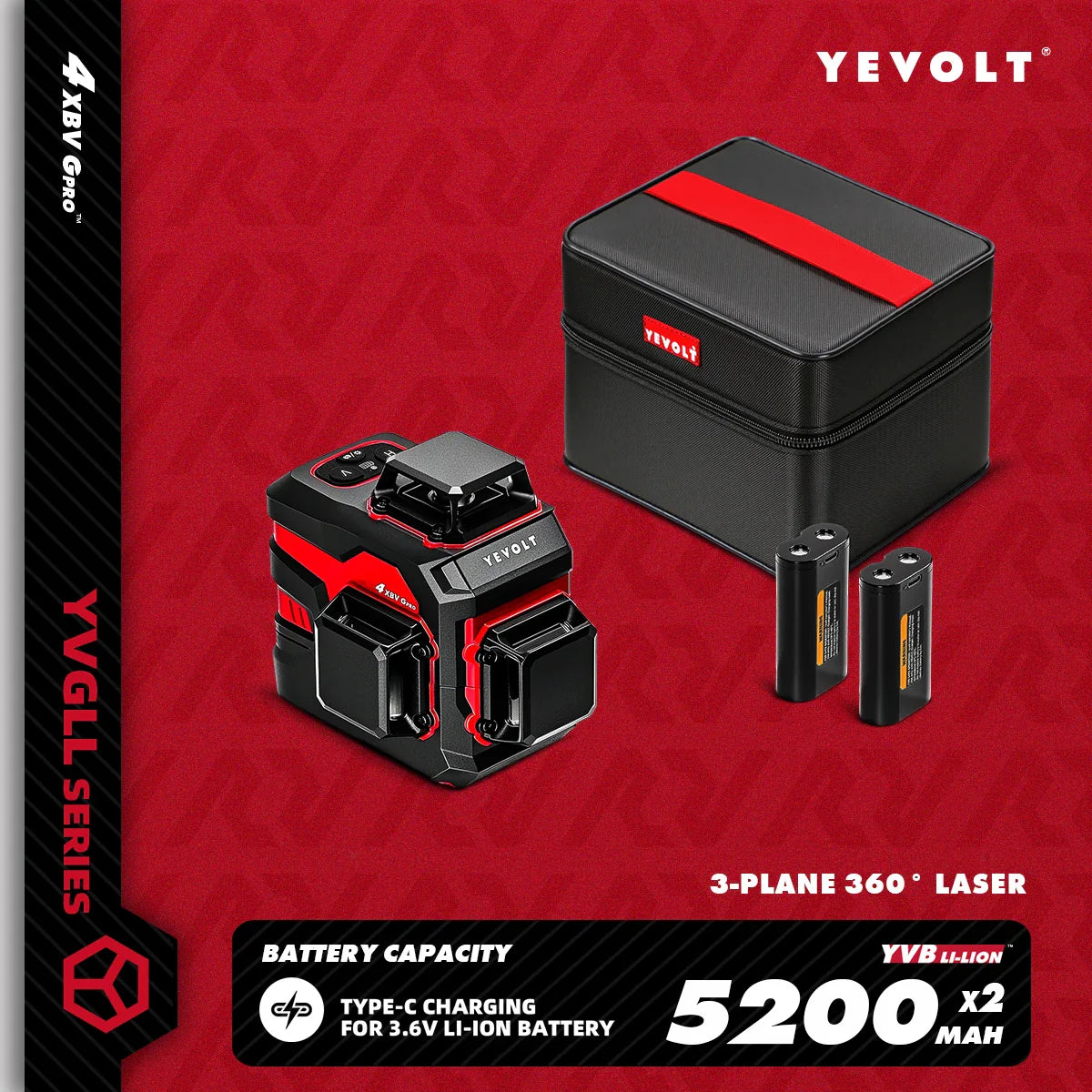 YEVOLT YVGLL4XS12 12-Line Green Laser Level – ±0.2mm/m Precision, IP54 Waterproof, Auto-Leveling with Slope Mode