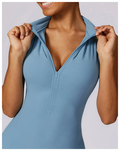 Women’s V-Back One-Piece Sports Jumpsuit — Sleeveless Yoga Romper with Zipper Workout Bodysuit