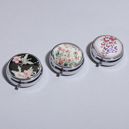 3-Compartment Stainless Steel Pill Box - Round Floral Medicine Organizer, Portable Capsule Case with Dividers
