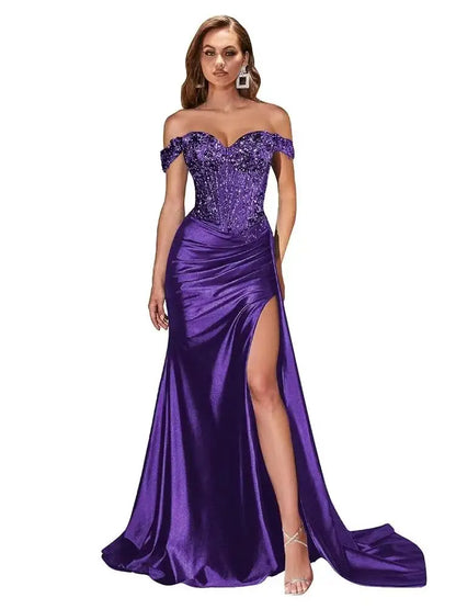 Women’s Dark Navy Off-Shoulder Prom Dress — Sweetheart Beaded Lace Corset Evening Gown with High Side Slit 2025