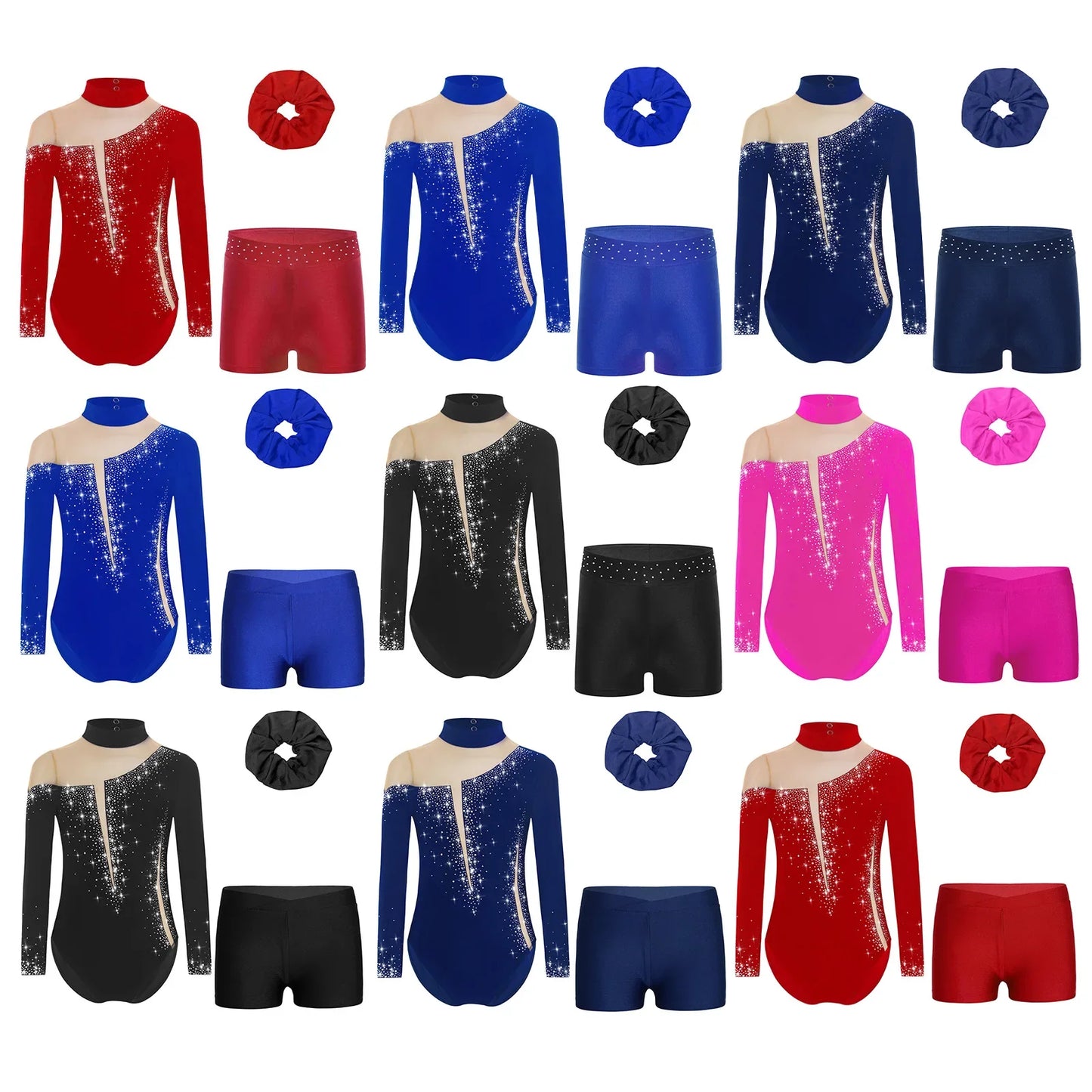 Kids Girls Long-Sleeve Ballet Leotard with Body Shorts & Hair Band — Gymnastics Dance Bodysuit
