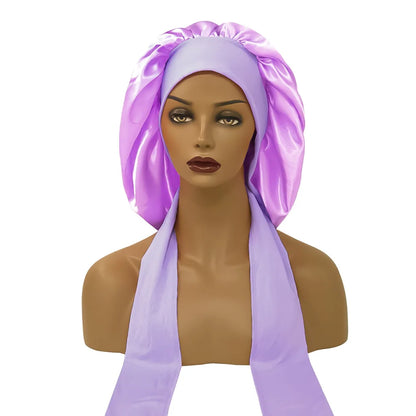 Satin Nightcap for Women - Wide Stretch, Extra-Large Long Tail, Shower Cap with Ribbon, Round Hat Hair Bonnet