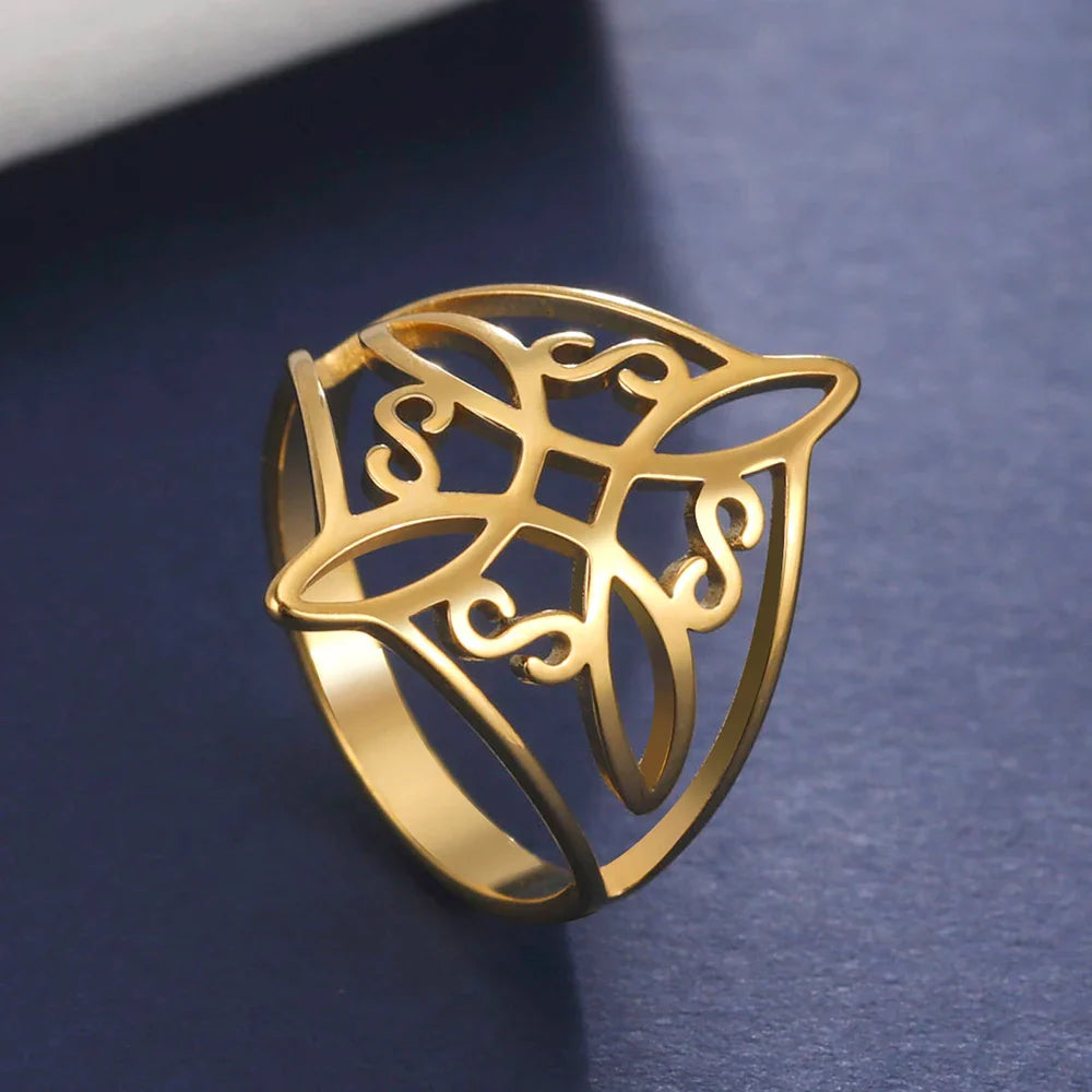LIKGREAT Witch Knot Ring – Hollow Stainless Steel Celtic Amulet, Protection Jewelry for Men & Women, Couple Gifts