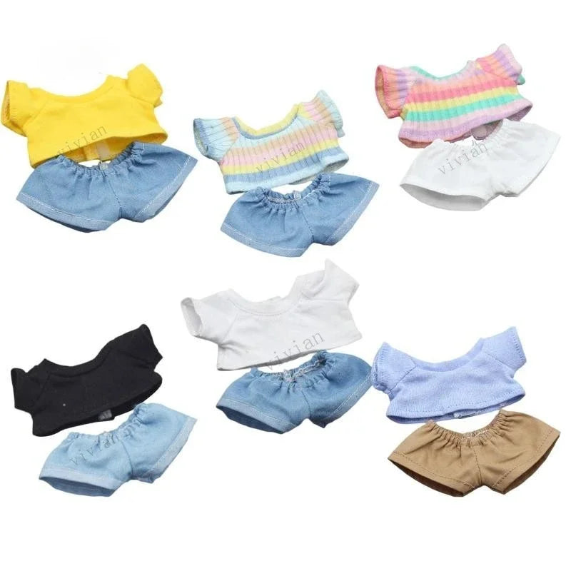 Doll Clothes Outfit for Kpop EXO Labubu & Cotoon Dolls – T-Shirt & Denim Shorts Set for 10-17cm Dolls