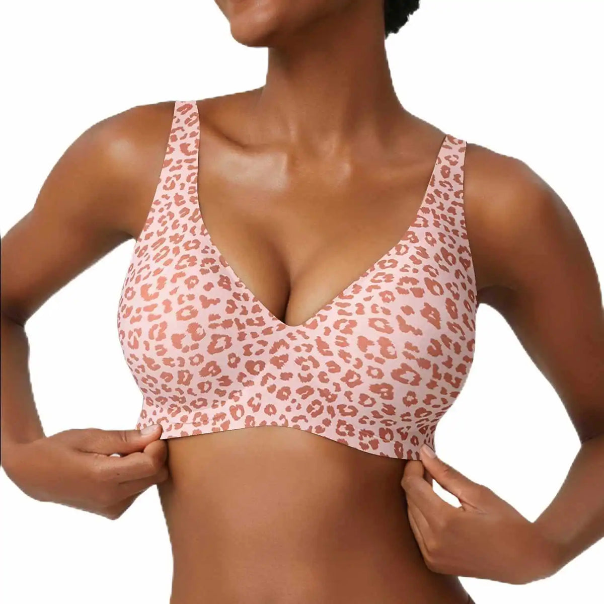 Women’s Pink Leopard Print Bra – Seamless Wire-Free Full Cup Underwear, Soft Support, Breathable Deep V Design