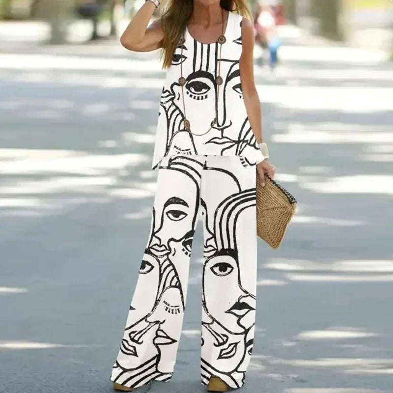 Women Printed 2-Piece Summer Suit Set – Sleeveless Round Neck Top & Wide Leg Pants Casual Loose Fit Outfit