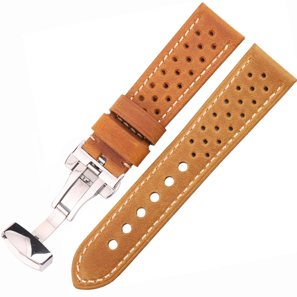 Genuine Leather Watch Band 20mm 22mm 24mm — Vintage Cowhide Strap with Deployment Clasp for Samsung Galaxy Watch 3/4
