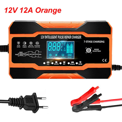 12V/24V Smart Battery Charger — 10A/12A Fast Charger with 7-Stage Pulse Repair for AGM, GEL, WET Lead-Acid Car Batteries
