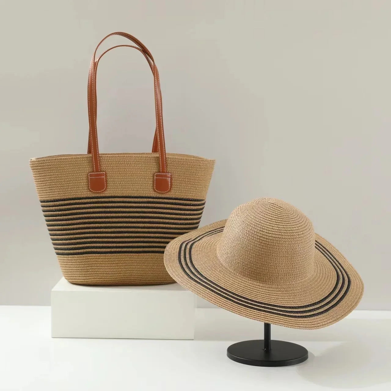 French Style Straw Handbag & Summer Beach Hat Set – Woven Bucket Bag with Fine Stripes