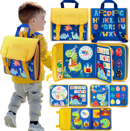 Montessori Toddler Busy Board – Dinosaur Dress-Up Sensory Toy for Learning Life Skills & Travel Backpack