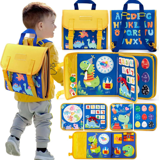 Montessori Toddler Busy Board – Dinosaur Dress-Up Sensory Toy for Learning Life Skills & Travel Backpack