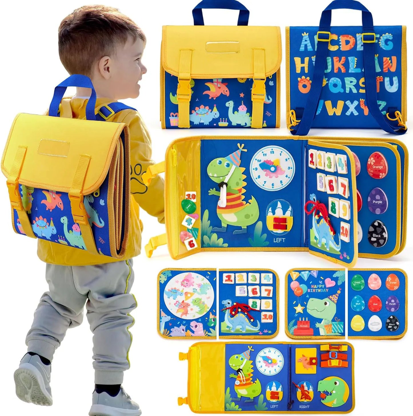 Toddler Montessori Busy Board – Dinosaur Dress-Up, Learning & Sensory Activities, Travel Toy & Life Skills Backpack