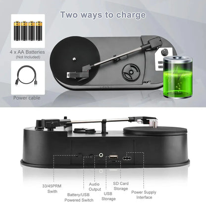 Portable 33/45RPM Phonograph Turntable — Vinyl to MP3 Converter with TF Card/USB & Built-in Speaker