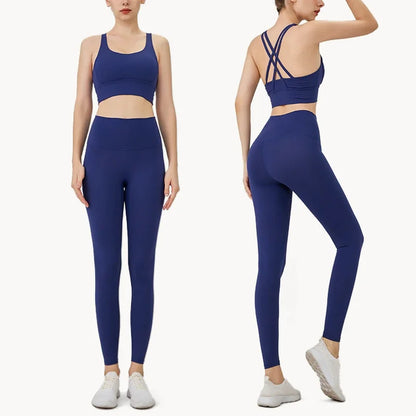 Summer 2 Piece Women's Yoga Tracksuit - Cross-Back Nylon Top and Leggings Athletic Set for Pilates and Fitness