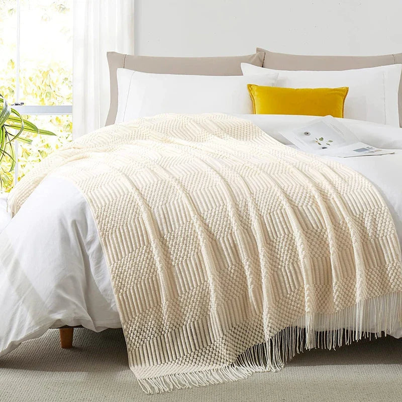 White Boho Throw Blanket – Textured Chunky Knitted Vintage Luxury Bedspread, Sofa Cover Manta Para Sofá