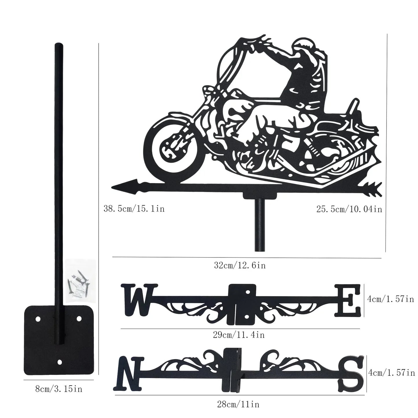Motorcyclist Weathervane: Black Metal Silhouette Art, Motorcycle-Themed Wind Vane for Outdoor Garden, Roof, and Yard Decor