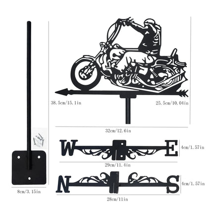 Motorcyclist Weathervane: Black Metal Silhouette Art, Motorcycle-Themed Wind Vane for Outdoor Garden, Roof, and Yard Decor