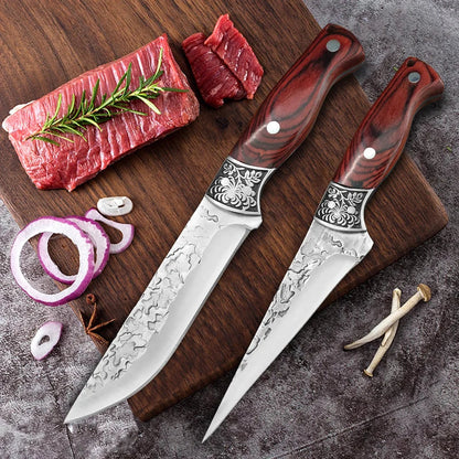 Kitchen Boning Knife Set - Stainless Steel Chef's Meat Cleaver, Butcher Knife, and Fruit Paring Knife with Wood Handle for Cutting Meat, Pork, Beef, and Fish
